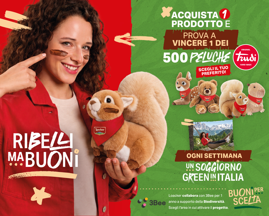 Banner dell'iniziativa con la spiegazione della meccanica del concorso: Ribelli ma buoni! Loacker. Acquista 1 prodotto e prova a vincere 1 dei 500 peluche Trudi handmade. Ogni settimana un soggiorno green in Italia. Buoni per scelta